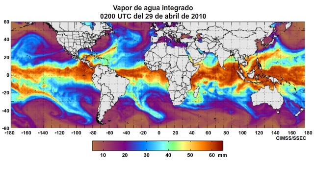 Animación del producto horario vapor de agua integrado (Integrated Water Vapor, IWV) mundial centrado en el océano Pacífico para el período del 29 de abril al 1 de mayo de 2011.