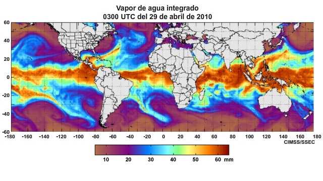 Animación del producto horario vapor de agua integrado (Integrated Water Vapor, IWV) mundial centrado en el océano Pacífico para el período del 29 de abril al 1 de mayo de 2011.