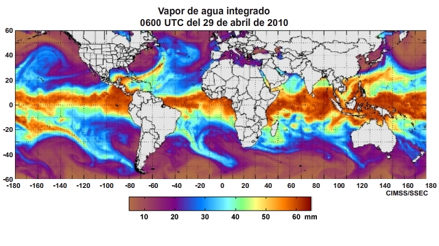 Animación del producto horario vapor de agua integrado (Integrated Water Vapor, IWV) mundial centrado en el océano Pacífico para el período del 29 de abril al 1 de mayo de 2011.