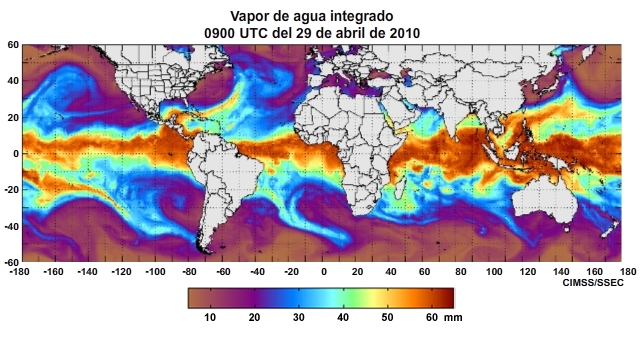 Animación del producto horario vapor de agua integrado (Integrated Water Vapor, IWV) mundial centrado en el océano Pacífico para el período del 29 de abril al 1 de mayo de 2011.