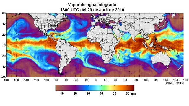 Animación del producto horario vapor de agua integrado (Integrated Water Vapor, IWV) mundial centrado en el océano Pacífico para el período del 29 de abril al 1 de mayo de 2011.