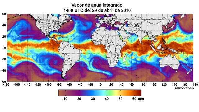 Animación del producto horario vapor de agua integrado (Integrated Water Vapor, IWV) mundial centrado en el océano Pacífico para el período del 29 de abril al 1 de mayo de 2011.