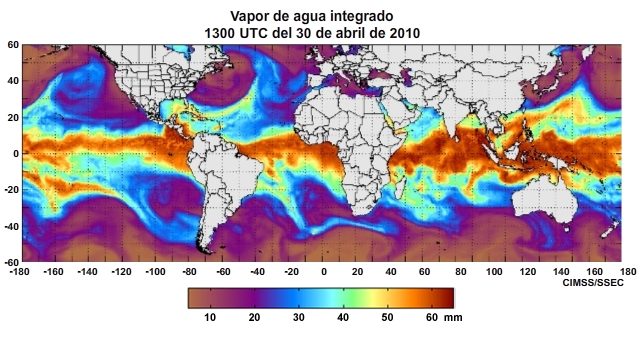 Animación del producto horario vapor de agua integrado (Integrated Water Vapor, IWV) mundial centrado en el océano Pacífico para el período del 29 de abril al 1 de mayo de 2011.