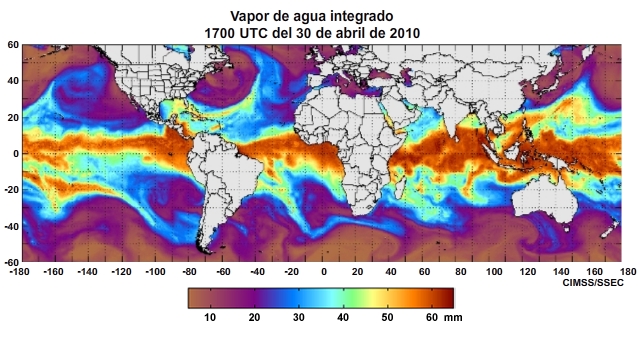 Animación del producto horario vapor de agua integrado (Integrated Water Vapor, IWV) mundial centrado en el océano Pacífico para el período del 29 de abril al 1 de mayo de 2011.