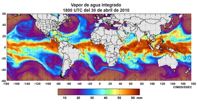 Animación del producto horario vapor de agua integrado (Integrated Water Vapor, IWV) mundial centrado en el océano Pacífico para el período del 29 de abril al 1 de mayo de 2011.