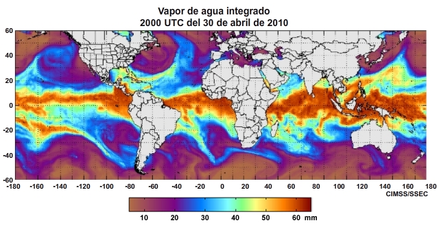 Animación del producto horario vapor de agua integrado (Integrated Water Vapor, IWV) mundial centrado en el océano Pacífico para el período del 29 de abril al 1 de mayo de 2011.