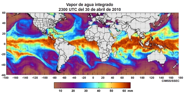 Animación del producto horario vapor de agua integrado (Integrated Water Vapor, IWV) mundial centrado en el océano Pacífico para el período del 29 de abril al 1 de mayo de 2011.