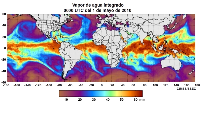 Animación del producto horario vapor de agua integrado (Integrated Water Vapor, IWV) mundial centrado en el océano Pacífico para el período del 29 de abril al 1 de mayo de 2011.