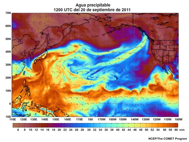 Animación de agua preciptable (Precipitable Water, PW) centrada en el Pacífico para el 20 al 23 de septiembre de 2011 (cada tres horas).