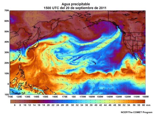 Animación de agua preciptable (Precipitable Water, PW) centrada en el Pacífico para el 20 al 23 de septiembre de 2011 (cada tres horas).