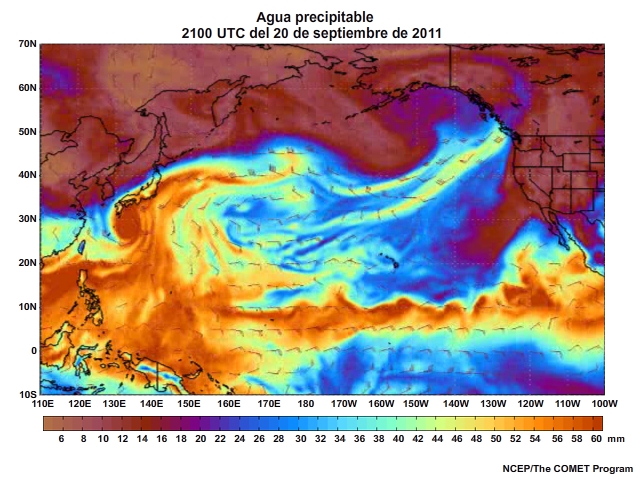 Animación de agua preciptable (Precipitable Water, PW) centrada en el Pacífico para el 20 al 23 de septiembre de 2011 (cada tres horas).