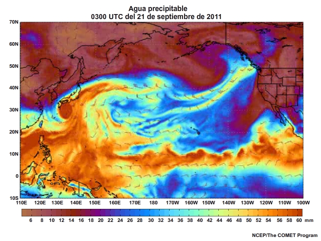 Animación de agua preciptable (Precipitable Water, PW) centrada en el Pacífico para el 20 al 23 de septiembre de 2011 (cada tres horas).