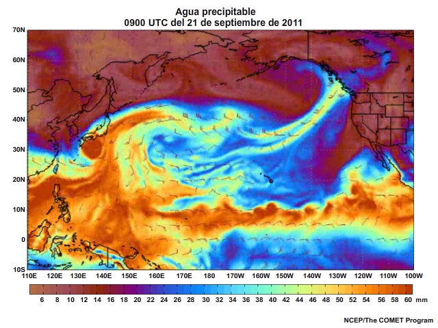 Animación de agua preciptable (Precipitable Water, PW) centrada en el Pacífico para el 20 al 23 de septiembre de 2011 (cada tres horas).