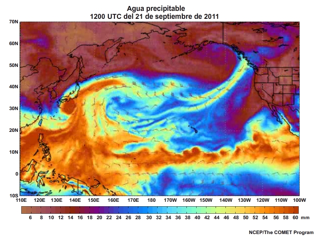 Animación de agua preciptable (Precipitable Water, PW) centrada en el Pacífico para el 20 al 23 de septiembre de 2011 (cada tres horas).