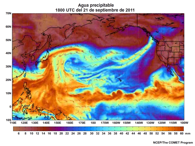 Animación de agua preciptable (Precipitable Water, PW) centrada en el Pacífico para el 20 al 23 de septiembre de 2011 (cada tres horas).