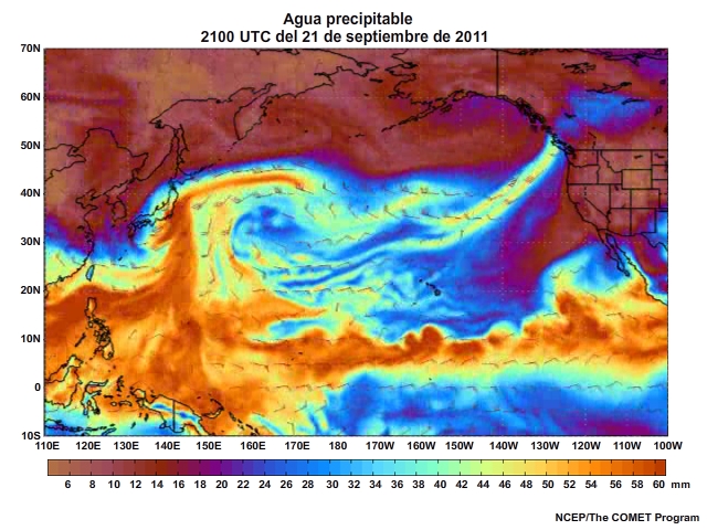 Animación de agua preciptable (Precipitable Water, PW) centrada en el Pacífico para el 20 al 23 de septiembre de 2011 (cada tres horas).