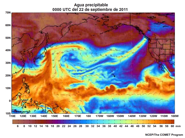 Animación de agua preciptable (Precipitable Water, PW) centrada en el Pacífico para el 20 al 23 de septiembre de 2011 (cada tres horas).