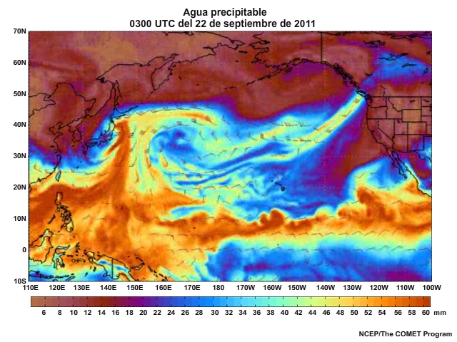 Animación de agua preciptable (Precipitable Water, PW) centrada en el Pacífico para el 20 al 23 de septiembre de 2011 (cada tres horas).