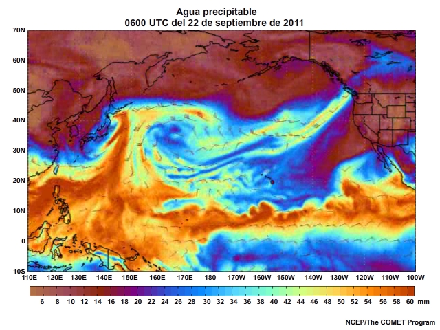 Animación de agua preciptable (Precipitable Water, PW) centrada en el Pacífico para el 20 al 23 de septiembre de 2011 (cada tres horas).