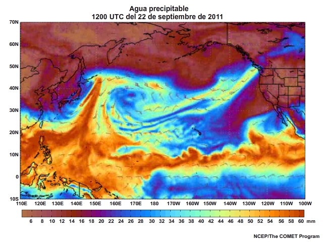 Animación de agua preciptable (Precipitable Water, PW) centrada en el Pacífico para el 20 al 23 de septiembre de 2011 (cada tres horas).