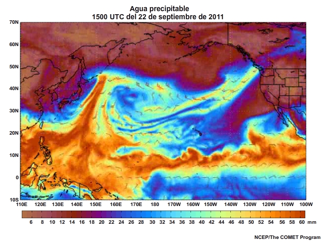 Animación de agua preciptable (Precipitable Water, PW) centrada en el Pacífico para el 20 al 23 de septiembre de 2011 (cada tres horas).