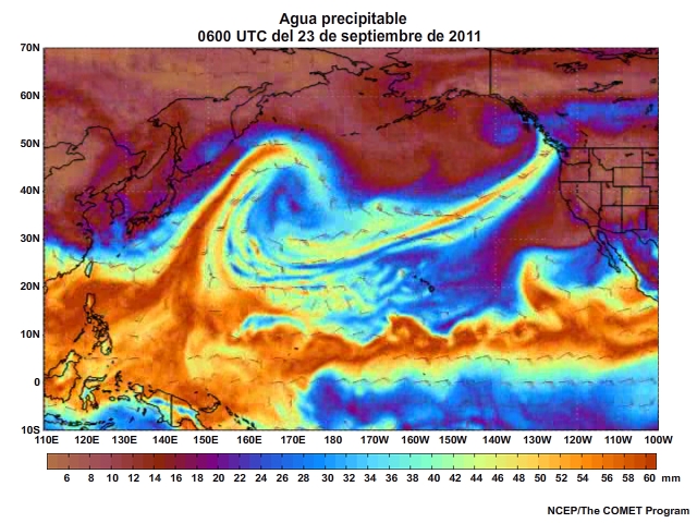 Animación de agua preciptable (Precipitable Water, PW) centrada en el Pacífico para el 20 al 23 de septiembre de 2011 (cada tres horas).