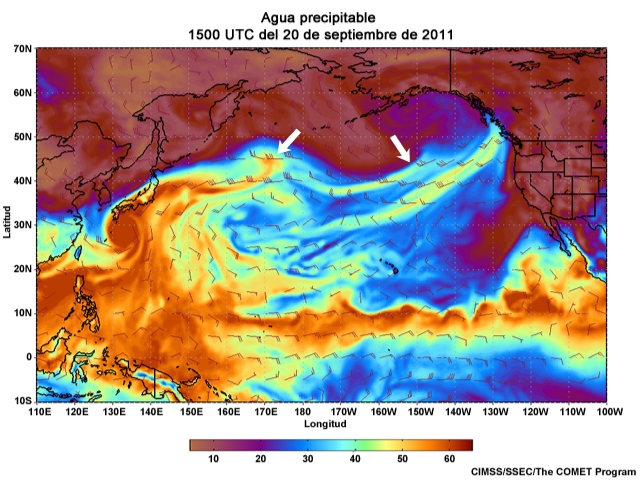 Animación de agua preciptable (Precipitable Water, PW) centrada en el Pacífico para el 20 al 23 de septiembre de 2011 (cada tres horas).