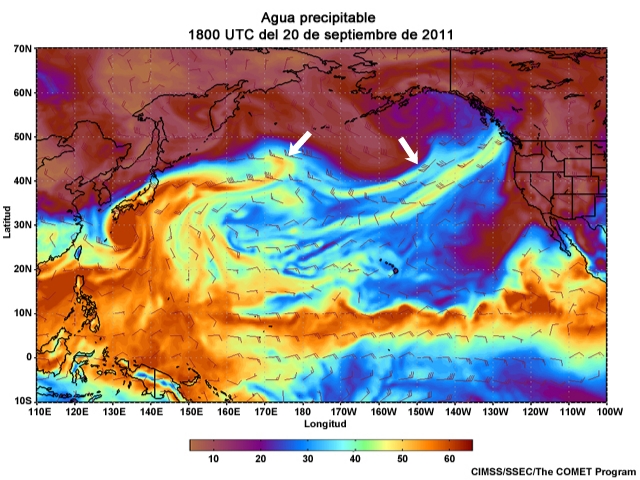 Animación de agua preciptable (Precipitable Water, PW) centrada en el Pacífico para el 20 al 23 de septiembre de 2011 (cada tres horas).