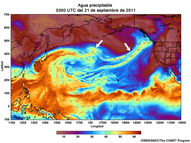 Animación de agua preciptable (Precipitable Water, PW) centrada en el Pacífico para el 20 al 23 de septiembre de 2011 (cada tres horas).
