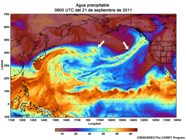 Animación de agua preciptable (Precipitable Water, PW) centrada en el Pacífico para el 20 al 23 de septiembre de 2011 (cada tres horas).