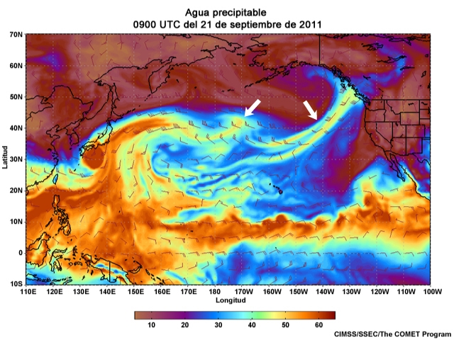 Animación de agua preciptable (Precipitable Water, PW) centrada en el Pacífico para el 20 al 23 de septiembre de 2011 (cada tres horas).