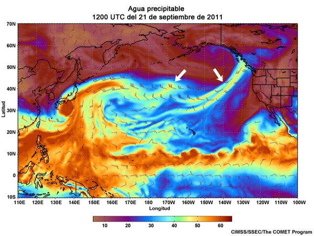 Animación de agua preciptable (Precipitable Water, PW) centrada en el Pacífico para el 20 al 23 de septiembre de 2011 (cada tres horas).