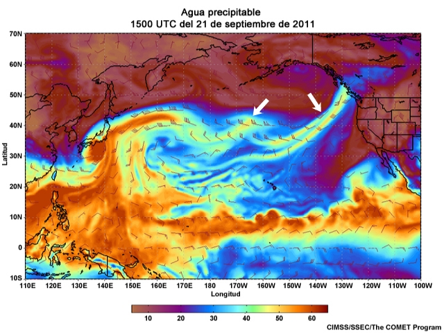 Animación de agua preciptable (Precipitable Water, PW) centrada en el Pacífico para el 20 al 23 de septiembre de 2011 (cada tres horas).
