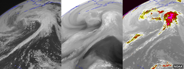 Tres imágenes de un ciclón en el golfo de Alaska captadas con distintos canales del satélite (visible, vapor de agua e infrarrojo).