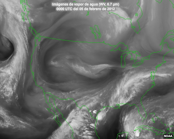 Secuencia de imgenes satelitales de vapor de agua centrada en Norteamrica entre el 5 y el 6 de febrero de 2012.