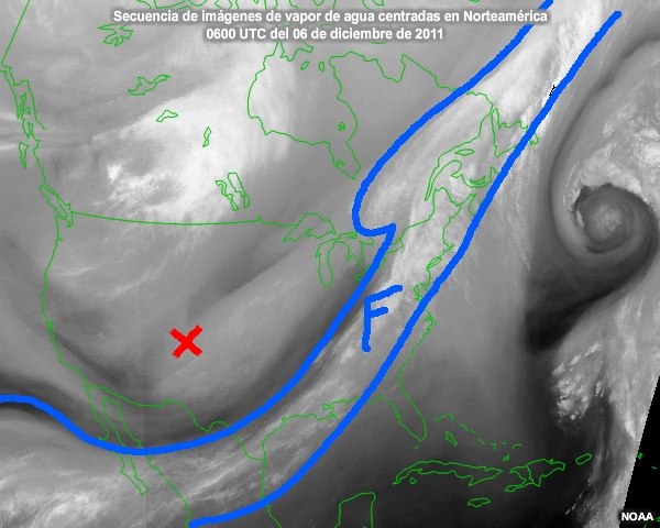 Animacin de imgenes satelitales de vapor de agua centradas en Norteamrica entre el 6 y el 8 de diciembre de 2011.