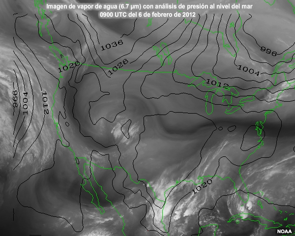 Secuencia de imgenes de vapor de agua centrada en Norteamrica y captadas entre las 09 UTC del 6 de febrero y las 00 UTC del 8 de febrero de 2012.