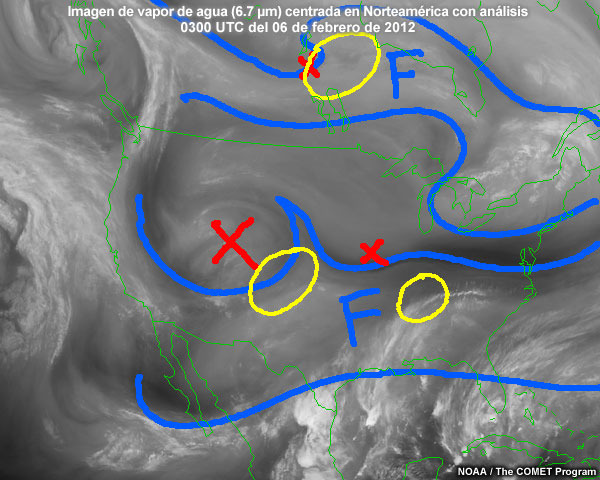 Imagen de vapor de agua centrada en Norteamérica de las 0300 UTC del 06 de febrero de 2012 con análisis del experto de las perturbaciones corriente arriba del flujo.
