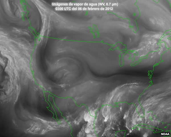 Secuencia de imgenes satelitales de vapor de agua centrada en Norteamrica entre las 03 y las 09 del 6 de febrero de 2012, con las letras A, B y C en la imagen final.