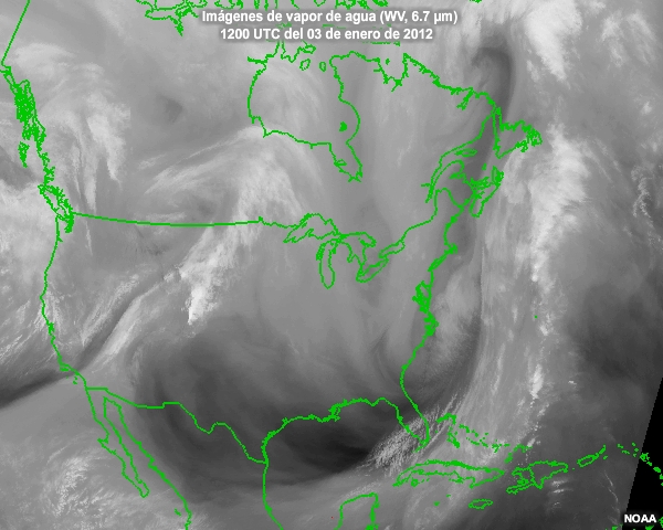 Secuencia de imgenes de vapor de agua centradas en el este de los Estados Unidos captadas entre las 12 UTC del 3 de enero y las 12 UTC del 4 de enero de 2012.