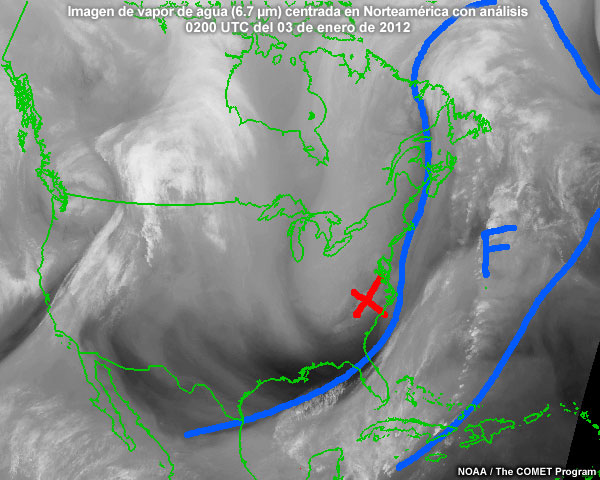 Imagen de vapor de agua (6.7 µm) centrada en Norteamérica de las 0200 UTC del 03 de enero de 2012 con análisis del experto de las perturbaciones corriente arriba del flujo