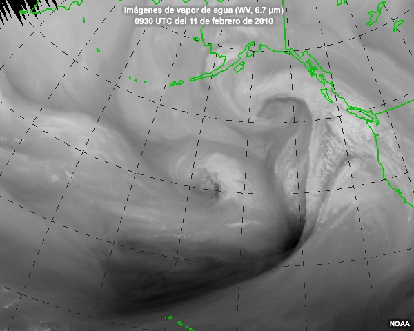 Secuencia de imgenes de vapor de agua centradas en el Pacfico norte captadas entre las 0930 UTC del 11 de febrero y las 0630 UTC del 13 de febrero de 2010.