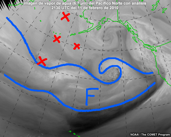 Imagen de vapor de agua centrada en Norteamérica de las 0300 UTC del 06 de febrero de 2012 con análisis del experto de las perturbaciones corriente arriba del flujo.