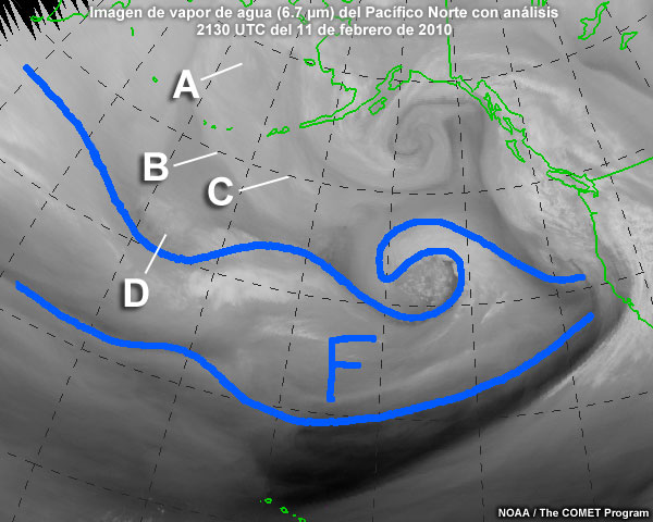 Imagen de vapor de agua (6.7 µm) del Pacífico Norte captada a las 21 UTC del 11 de febrero de 2010 con análisis del experto de las perturbaciones corriente arriba en el flujo.