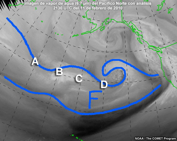 Imagen de vapor de agua (6.7 µm) del Pacífico Norte captada a las 21 UTC del 11 de febrero de 2010 con análisis del experto de la posición de posibles zonas de ciclogénesis a lo largo de una banda frontal.