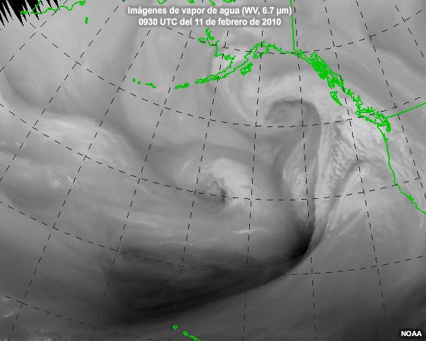 Secuencia de imgenes centradas en el ocano Pacfico nororiental captadas entre las 0930 y las 2130 UTC del 11 de febrero de 2010.