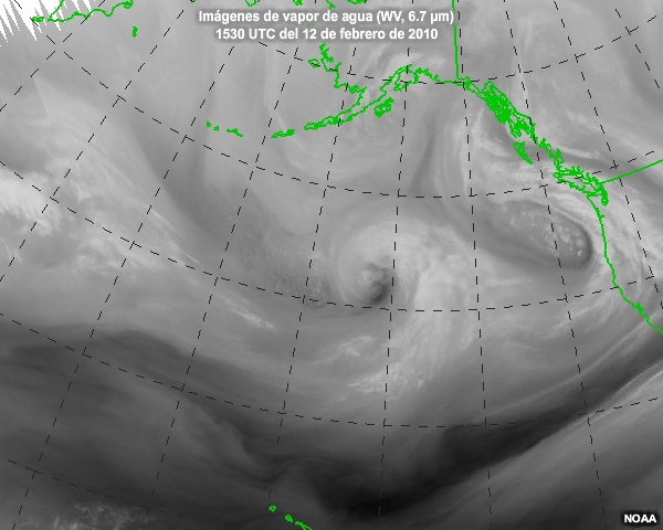 Secuencia de imgenes de vapor de agua centradas en el Pacfico norte captadas entre las 1530 UTC del 12 de febrero y las 0630 UTC del 13 de febrero de 2010.