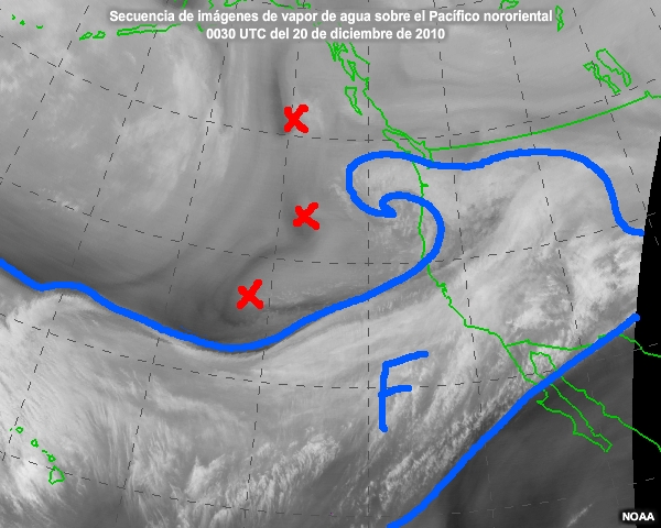 Secuencia de imgenes de vapor de agua centradas en el ocano Pacfico nororiental captadas entre las 0030 del 20 y las 0030 del 22 de diciembre de 2010.