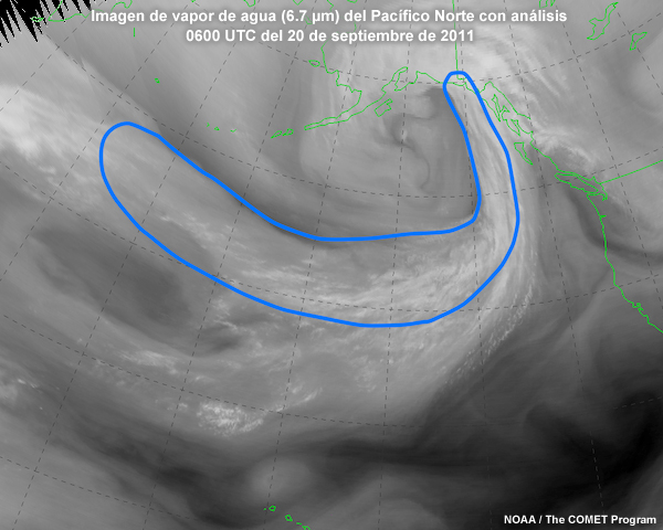 Imagen satelital de vapor de agua centrada en Pacífico Norte de las 06 UTC del 20 de septiembre de 2011 en la cual el experto ha trazado un posible lugar de ciclogénesis.
