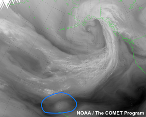 Imagen satelital de vapor de agua centrada en Pacífico Norte de las 06 UTC del 20 de septiembre de 2011 en la cual un alumno ha trazado un posible lugar de ciclogénesis.